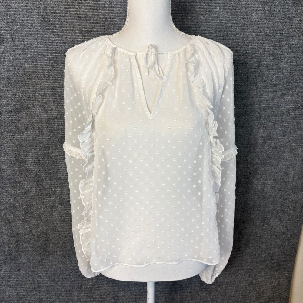 Express Swiss Dot Ruffle Blouse Womens XS White Sheer Boho Cottagecore NWT